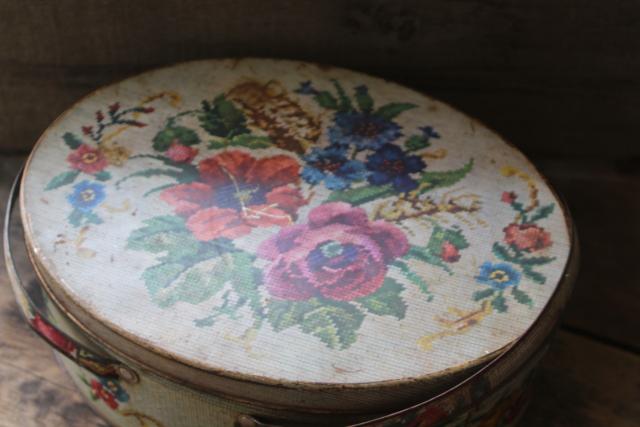 photo of vintage tin sewing box, floral needlepoint print oval metal picnic basket w/ handles #3