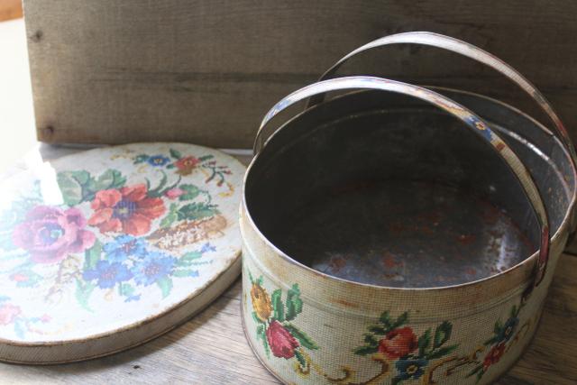 photo of vintage tin sewing box, floral needlepoint print oval metal picnic basket w/ handles #9