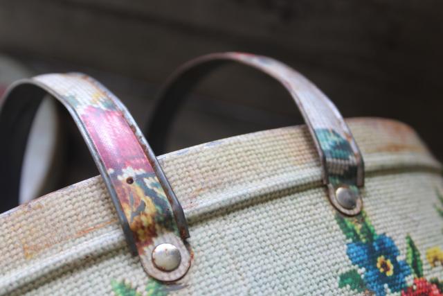 photo of vintage tin sewing box, floral needlepoint print oval metal picnic basket w/ handles #10