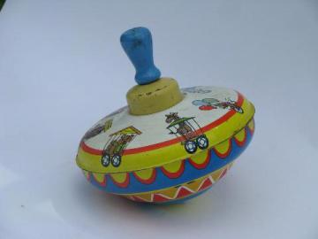 catalog photo of vintage tin singing / whistling top, old Ohio Art metal litho toy