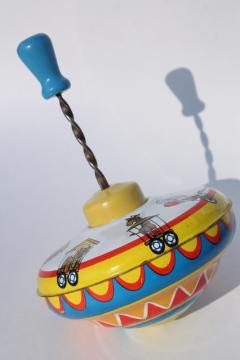 catalog photo of vintage tin singing / whistling top, old Ohio Art metal litho toy