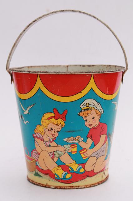 photo of vintage tin toy sand pail bucket, Ohio Art print metal bright colorful children beach #1