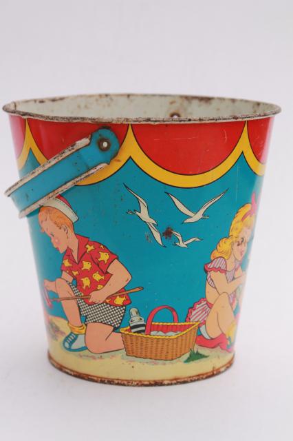 photo of vintage tin toy sand pail bucket, Ohio Art print metal bright colorful children beach #2