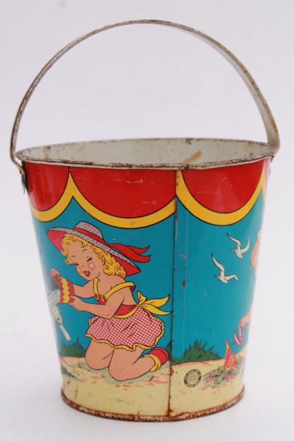 photo of vintage tin toy sand pail bucket, Ohio Art print metal bright colorful children beach #3