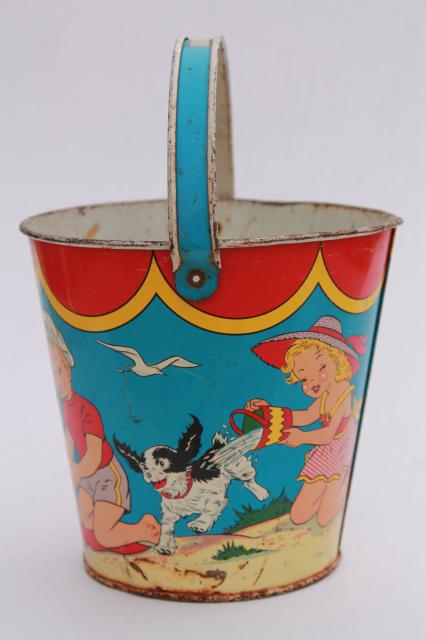 photo of vintage tin toy sand pail bucket, Ohio Art print metal bright colorful children beach #4