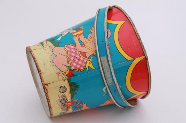 photo of vintage tin toy sand pail bucket, Ohio Art print metal bright colorful children beach #6