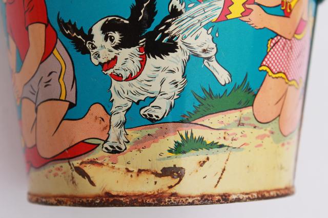 photo of vintage tin toy sand pail bucket, Ohio Art print metal bright colorful children beach #7