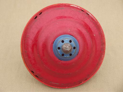 photo of vintage tin toy spinning top, metal top w/ worn old antique paint #3
