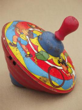 catalog photo of vintage tin toy spinning top, metal top w/ worn old antique paint