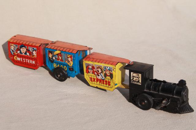 photo of vintage tin toys, Tootsie toy dairy milk truck cars, Western Express train #8