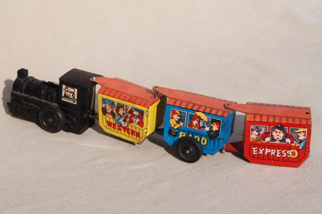 photo of vintage tin toys, Tootsie toy dairy milk truck cars, Western Express train #9