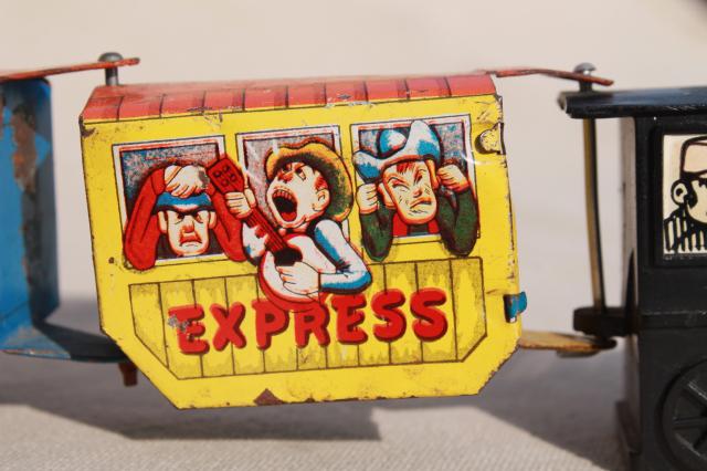 photo of vintage tin toys, Tootsie toy dairy milk truck cars, Western Express train #11