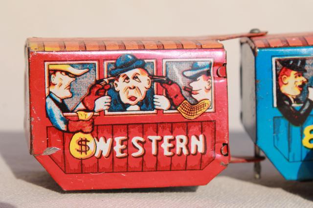 photo of vintage tin toys, Tootsie toy dairy milk truck cars, Western Express train #13