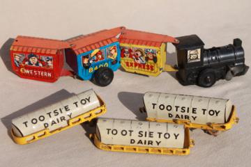 catalog photo of vintage tin toys, Tootsie toy dairy milk truck cars, Western Express train