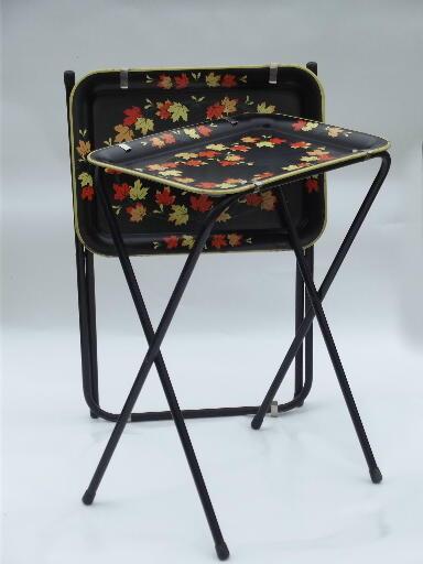 photo of vintage tin tray TV tables, folding snack tables w/ falling leaves print #1