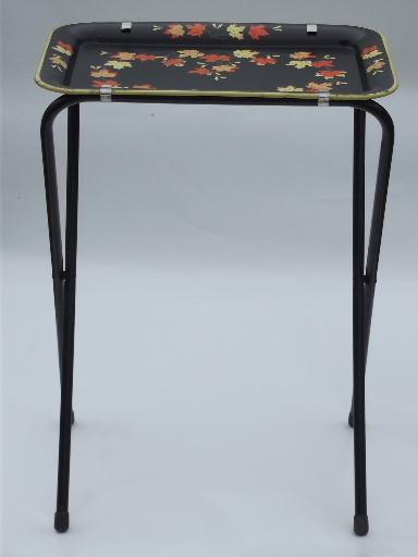 photo of vintage tin tray TV tables, folding snack tables w/ falling leaves print #2