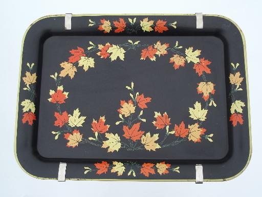 photo of vintage tin tray TV tables, folding snack tables w/ falling leaves print #3