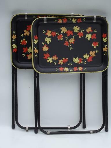 photo of vintage tin tray TV tables, folding snack tables w/ falling leaves print #4