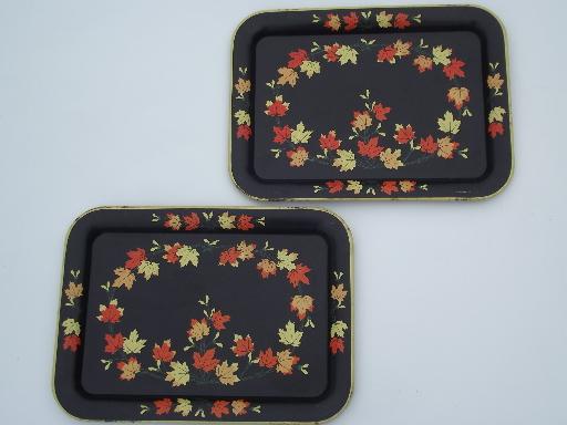 photo of vintage tin tray TV tables, folding snack tables w/ falling leaves print #5