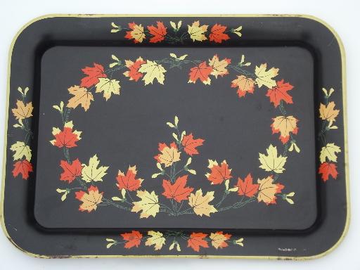 photo of vintage tin tray TV tables, folding snack tables w/ falling leaves print #6