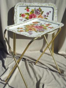 catalog photo of vintage tin tray TV tables, retro all metal folding tables for crafts etc.