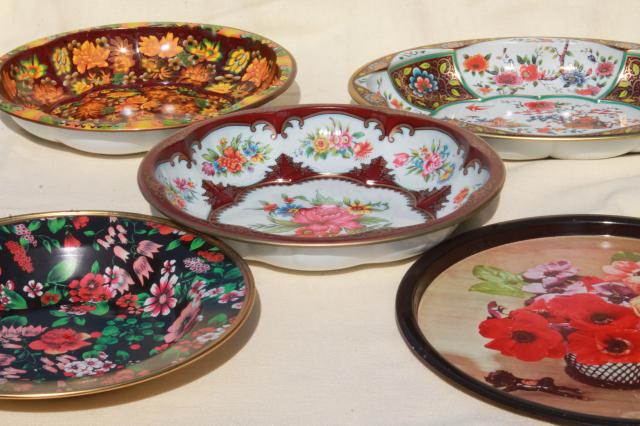 photo of vintage tin trays & bowls, floral litho print metal toleware Daher, Nevco #7