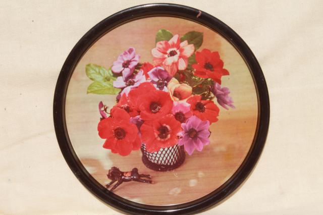 photo of vintage tin trays & bowls, floral litho print metal toleware Daher, Nevco #9