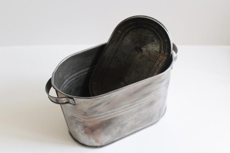 photo of vintage tin tub, doll size metal wash boiler primitive zinc w/ old paint #6