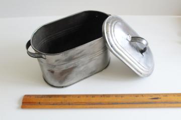 catalog photo of vintage tin tub, doll size metal wash boiler primitive zinc w/ old paint