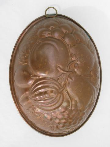 photo of vintage tinned copper fruit pattern pudding mold, old kitchenware #1