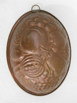 catalog photo of vintage tinned copper fruit pattern pudding mold, old kitchenware