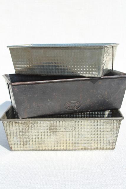 photo of vintage tinned steel bread loaf pans, Ovenex & Ekco metal w/ rustic antique patina  #1