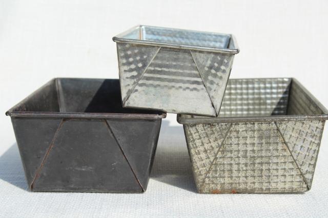 photo of vintage tinned steel bread loaf pans, Ovenex & Ekco metal w/ rustic antique patina  #10