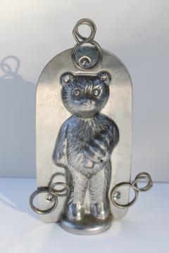 catalog photo of vintage tinned steel chocolate mold, antique teddy bear w/ tiny Christmas tree