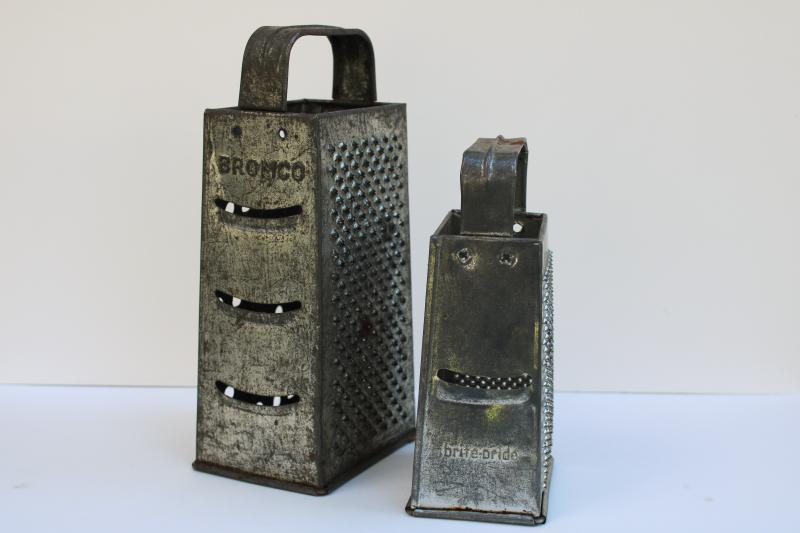 photo of vintage tinned steel graters large & small, primitive kitchen decor or luminaries #1