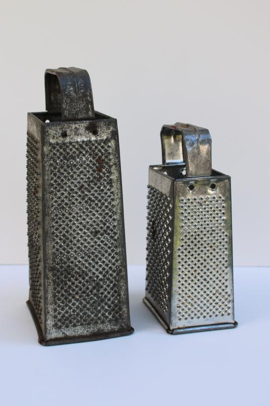 photo of vintage tinned steel graters large & small, primitive kitchen decor or luminaries #3