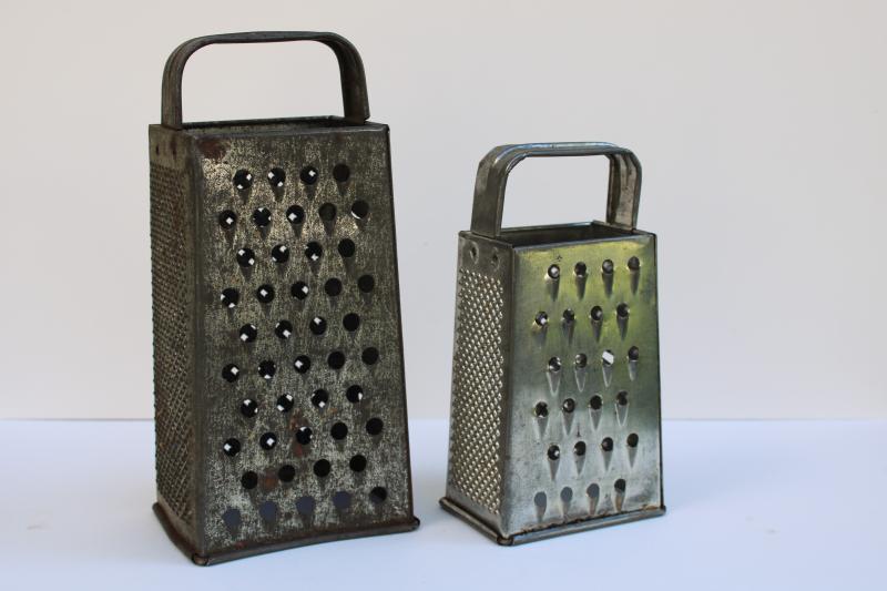 photo of vintage tinned steel graters large & small, primitive kitchen decor or luminaries #4