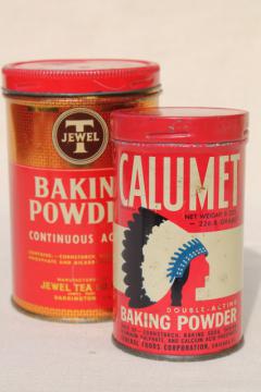 catalog photo of vintage tins Jewel Tea & Calumet baking powder, kitchen food packaging old advertising