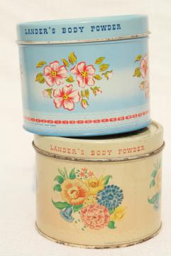 catalog photo of vintage tins from bath powder, pretty flowered vanity boxes from perfume dusting powder