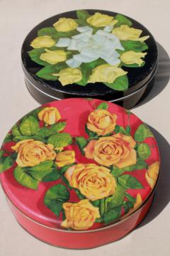 catalog photo of vintage tins w/ roses, rose photo print metal litho tins, 40s 50s retro!