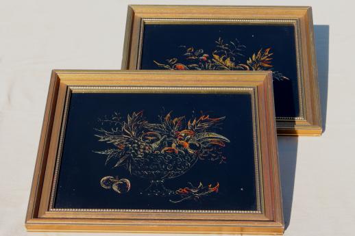 photo of vintage tinsel paintings w/ gold fruit, reverse foil intaglio etchings listed artist Harris G Strong #1