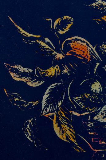 photo of vintage tinsel paintings w/ gold fruit, reverse foil intaglio etchings listed artist Harris G Strong #2