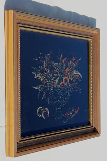 photo of vintage tinsel paintings w/ gold fruit, reverse foil intaglio etchings listed artist Harris G Strong #5