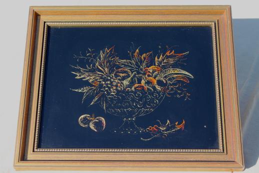 photo of vintage tinsel paintings w/ gold fruit, reverse foil intaglio etchings listed artist Harris G Strong #6