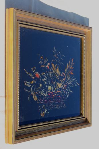 photo of vintage tinsel paintings w/ gold fruit, reverse foil intaglio etchings listed artist Harris G Strong #8