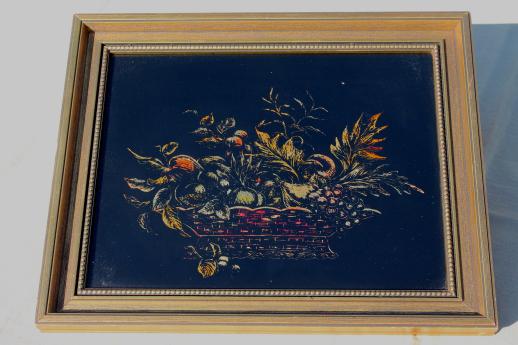 photo of vintage tinsel paintings w/ gold fruit, reverse foil intaglio etchings listed artist Harris G Strong #9