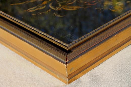 photo of vintage tinsel paintings w/ gold fruit, reverse foil intaglio etchings listed artist Harris G Strong #11