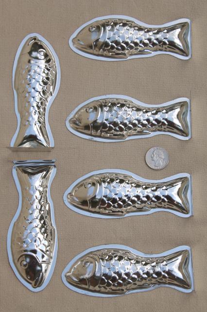 photo of vintage tiny fish tin food molds, French poisson candy chocolate baking mold set #1