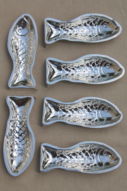 photo of vintage tiny fish tin food molds, French poisson candy chocolate baking mold set #4