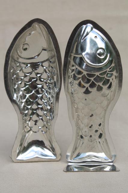 photo of vintage tiny fish tin food molds, French poisson candy chocolate baking mold set #5